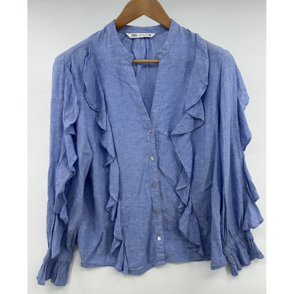 ZARA  RUFFLED Shirt Light Blue Linen Women's Large Long Sleeve